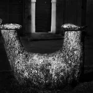 Two pumpkins placed on each end of a double tree stump along a village street at night