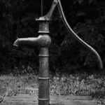 Hand water pump with handle on right; lawn and dark leaves in background.