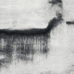 Dark horizontal stripe and dripping lines on a weathered wall resembling horse-like creature with beak and crest